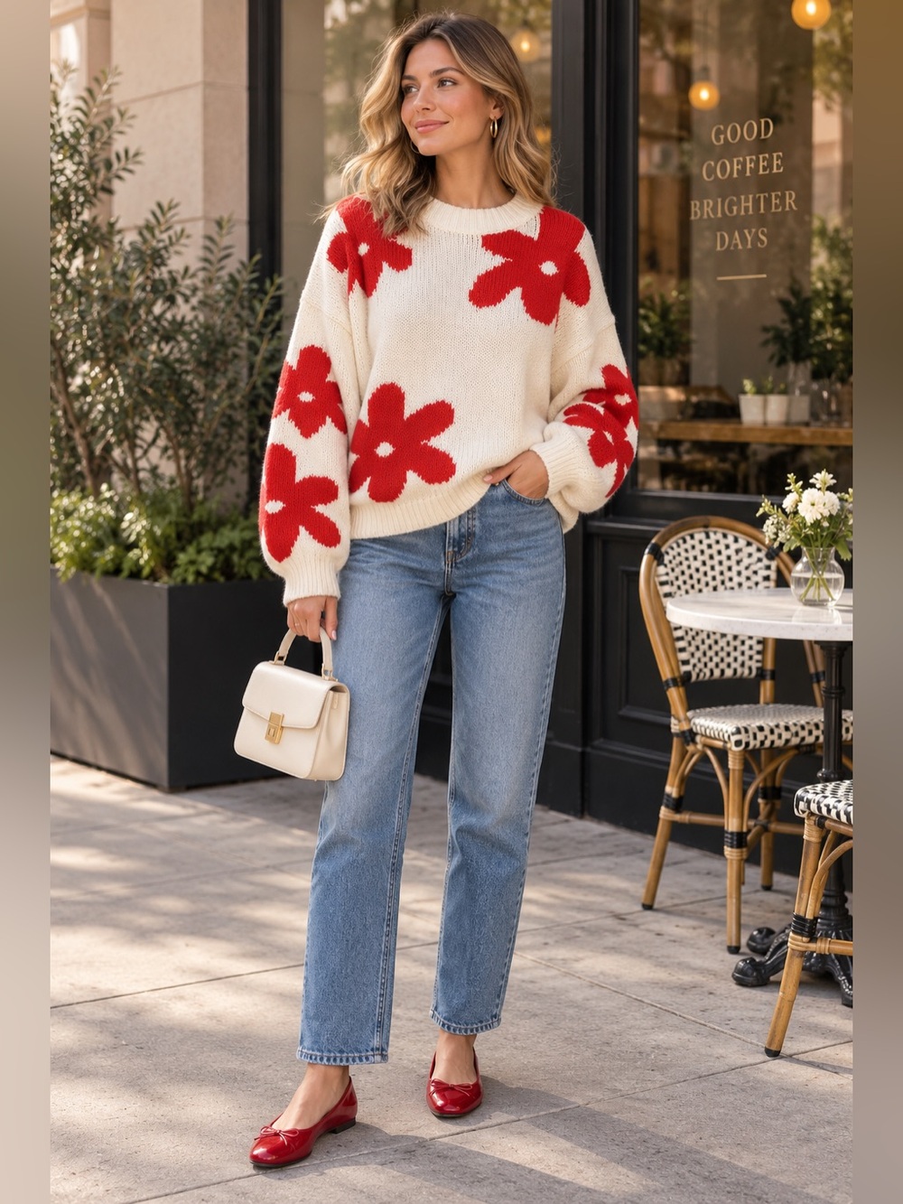 NWT Commense Cream Sweater with Red Floral Pattern